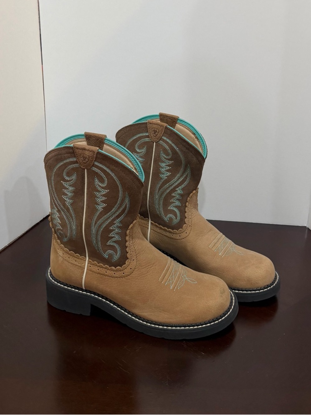 Ariat Tan and Brown Ladies Fat Baby Western Boots with Teal Stitching